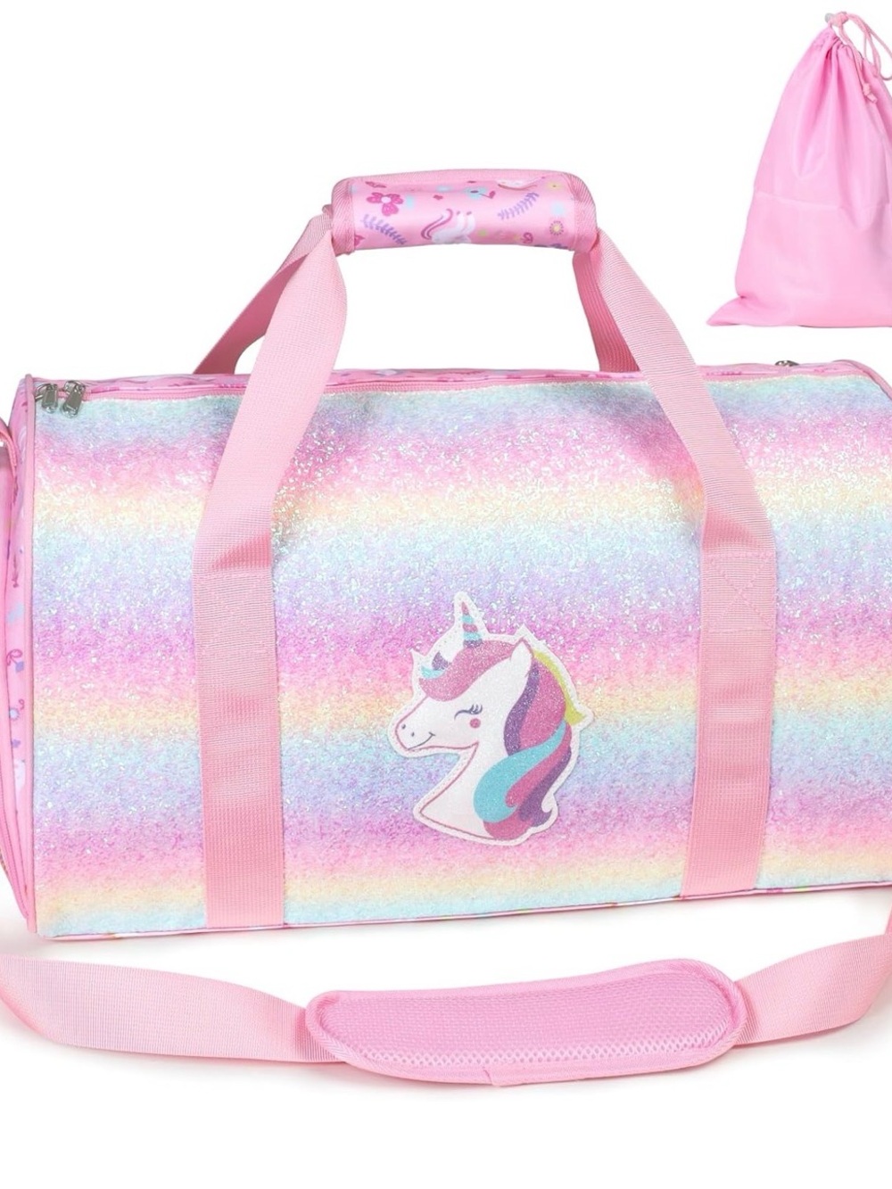 Kids Pink Unicorn Duffle dance Bag - Glitter Rainbow Travel Tote